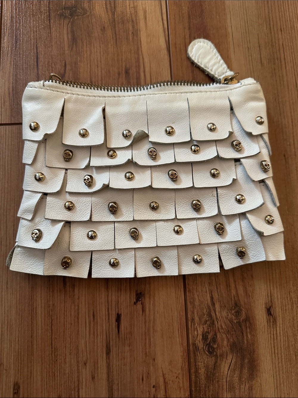 Zara White Leather Studded Fringe Wristlet Clutch